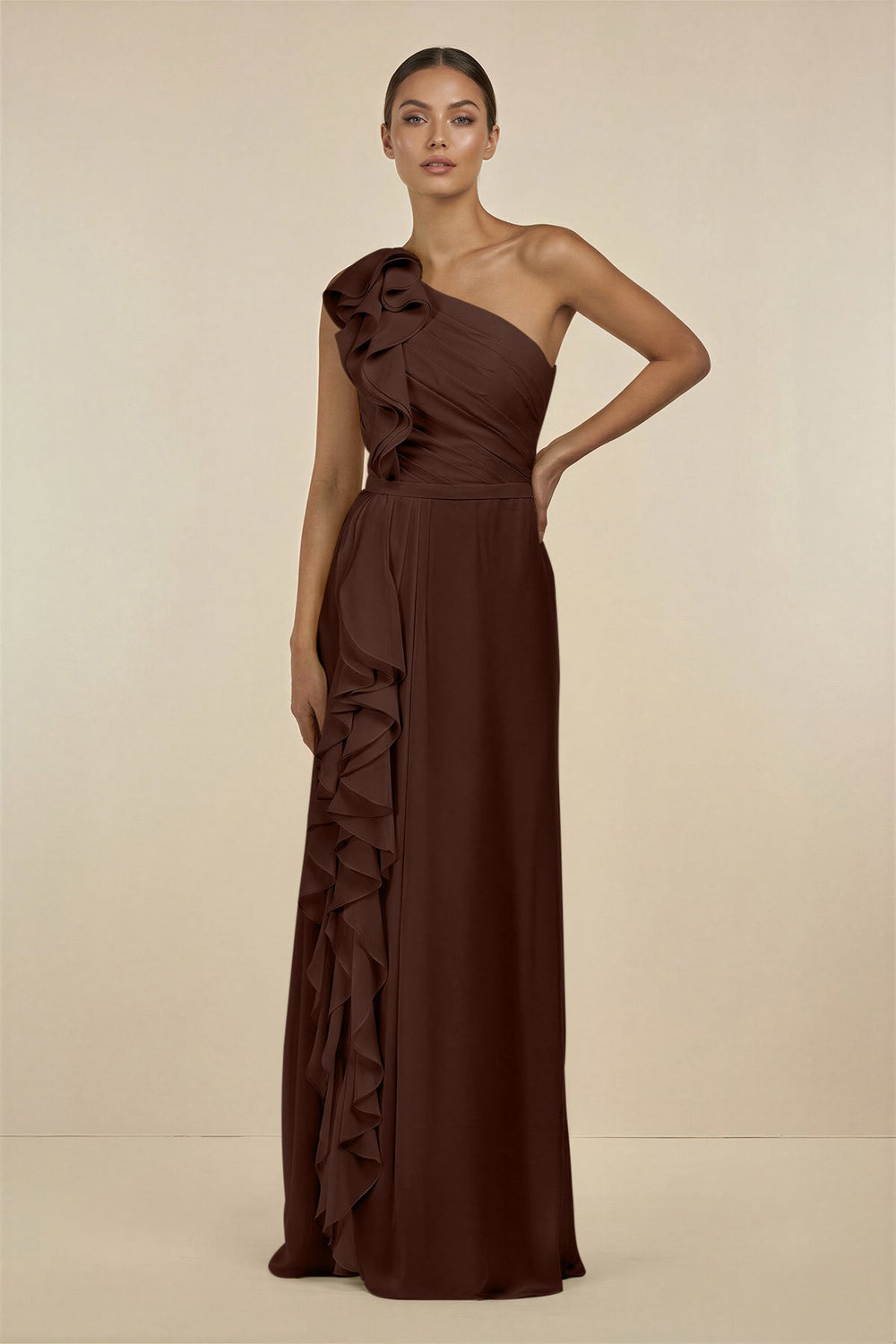 Ruffled One - Shoulder Pleated Sheath Bridesmaid Dress in Espresso - KissProm Bridesmaid Dresses