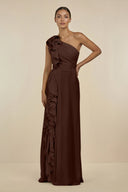 Ruffled One - Shoulder Pleated Sheath Bridesmaid Dress in Espresso - KissProm Bridesmaid Dresses