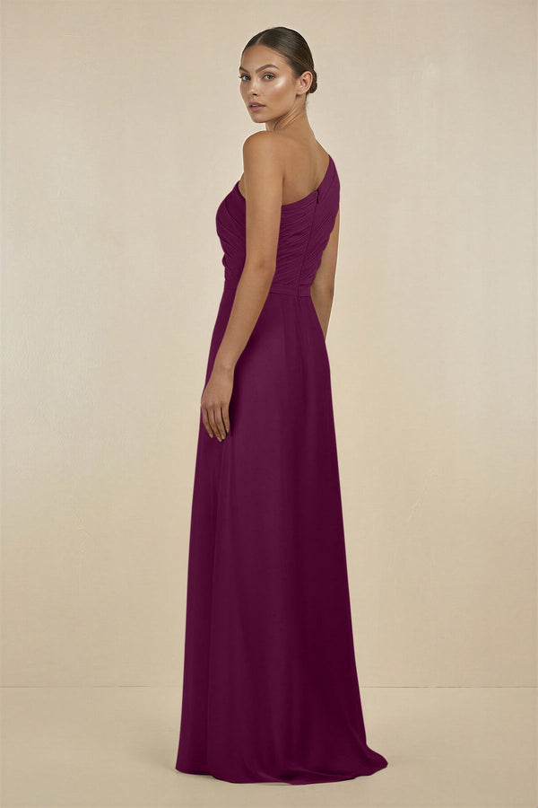 Ruffled One - Shoulder Pleated Sheath Bridesmaid Dress in Fig - KissProm Bridesmaid Dresses