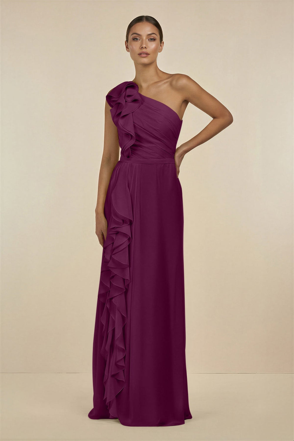 Ruffled One - Shoulder Pleated Sheath Bridesmaid Dress in Fig - KissProm Bridesmaid Dresses