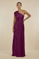 Ruffled One - Shoulder Pleated Sheath Bridesmaid Dress in Fig - KissProm Bridesmaid Dresses