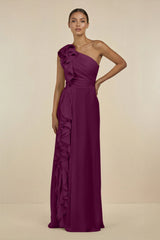 Ruffled One - Shoulder Pleated Sheath Bridesmaid Dress in Fig - KissProm Bridesmaid Dresses
