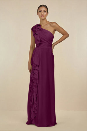 Ruffled One - Shoulder Pleated Sheath Bridesmaid Dress in Fig - KissProm Bridesmaid Dresses