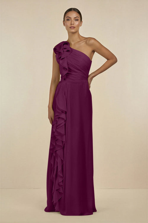 Ruffled One - Shoulder Pleated Sheath Bridesmaid Dress in Fig - KissProm Bridesmaid Dresses