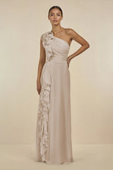 Ruffled One - Shoulder Pleated Sheath Bridesmaid Dress in Frost - KissProm Bridesmaid Dresses