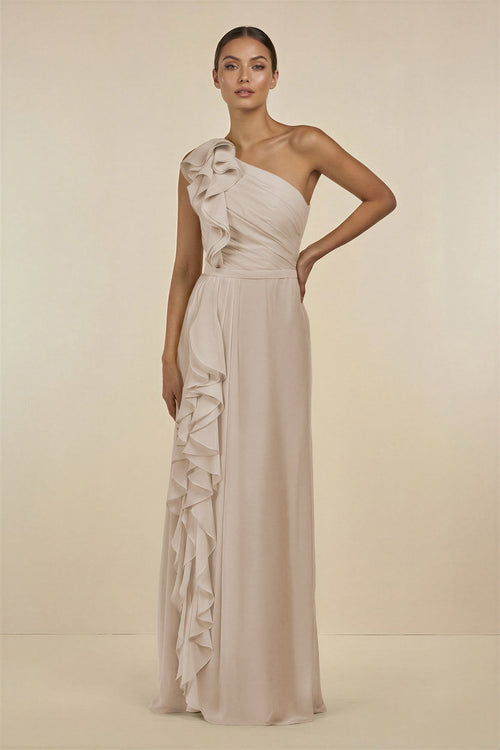 Ruffled One - Shoulder Pleated Sheath Bridesmaid Dress in Frost - KissProm Bridesmaid Dresses