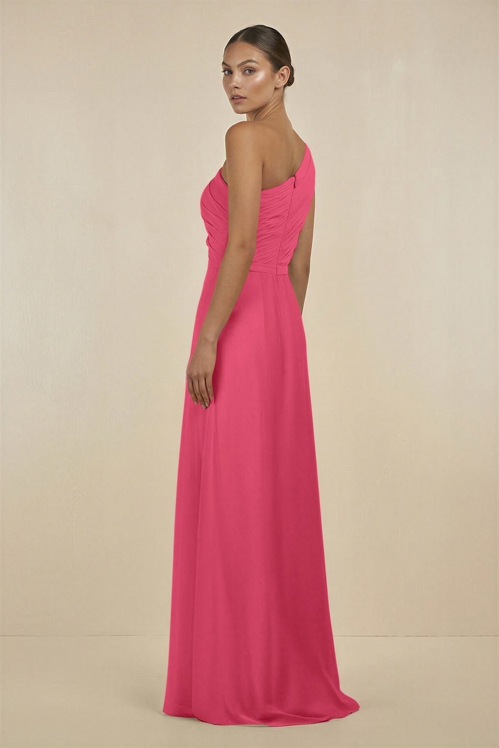 Ruffled One - Shoulder Pleated Sheath Bridesmaid Dress in Fuchsia - KissProm Bridesmaid Dresses