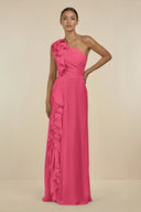 Ruffled One - Shoulder Pleated Sheath Bridesmaid Dress in Fuchsia - KissProm Bridesmaid Dresses