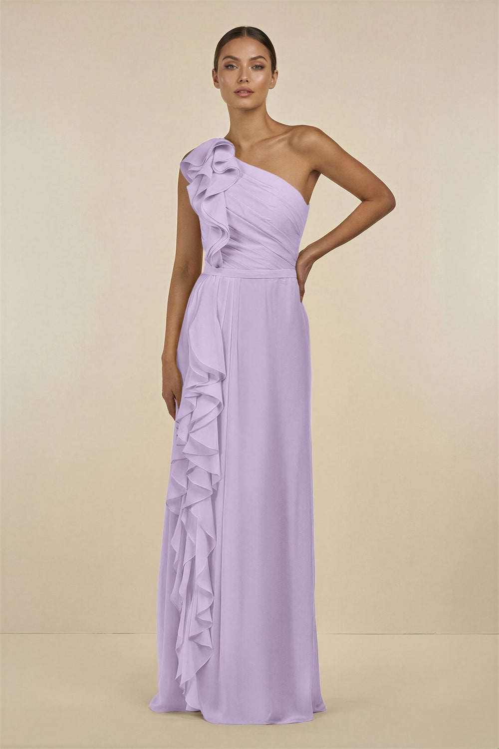 Ruffled One - Shoulder Pleated Sheath Bridesmaid Dress in Lavender - KissProm Bridesmaid Dresses