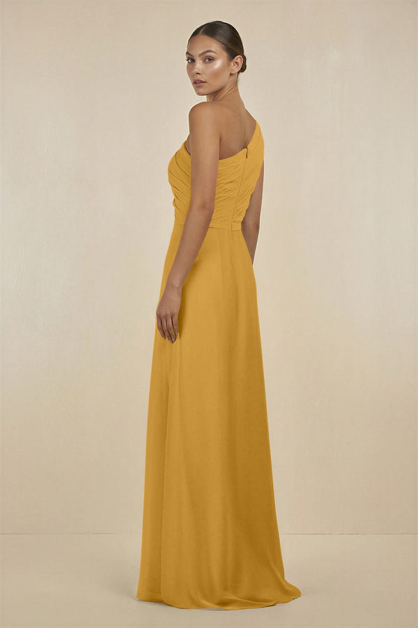 Ruffled One - Shoulder Pleated Sheath Bridesmaid Dress in Marigold - KissProm Bridesmaid Dresses