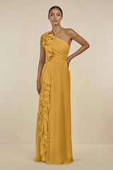 Ruffled One - Shoulder Pleated Sheath Bridesmaid Dress in Marigold - KissProm Bridesmaid Dresses