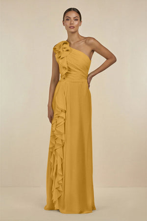 Ruffled One - Shoulder Pleated Sheath Bridesmaid Dress in Marigold - KissProm Bridesmaid Dresses