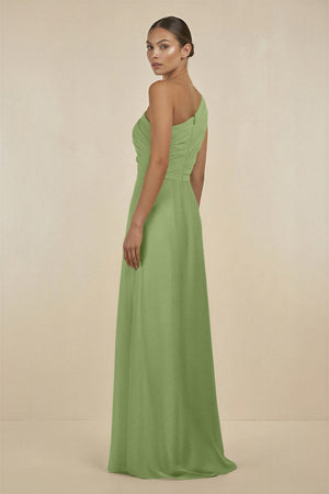 Ruffled One - Shoulder Pleated Sheath Bridesmaid Dress in Matcha - KissProm Bridesmaid Dresses