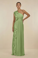 Ruffled One - Shoulder Pleated Sheath Bridesmaid Dress in Matcha - KissProm Bridesmaid Dresses