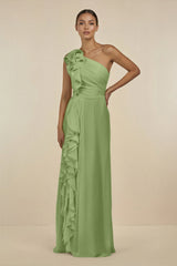 Ruffled One - Shoulder Pleated Sheath Bridesmaid Dress in Matcha - KissProm Bridesmaid Dresses