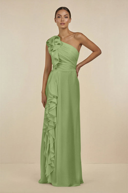 Ruffled One - Shoulder Pleated Sheath Bridesmaid Dress in Matcha - KissProm Bridesmaid Dresses