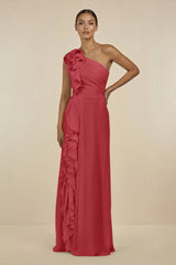 Ruffled One - Shoulder Pleated Sheath Bridesmaid Dress in Merlot - KissProm Bridesmaid Dresses