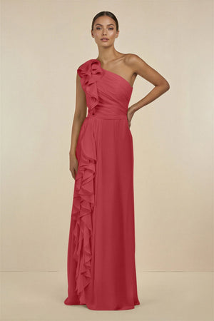 Ruffled One - Shoulder Pleated Sheath Bridesmaid Dress in Merlot - KissProm Bridesmaid Dresses
