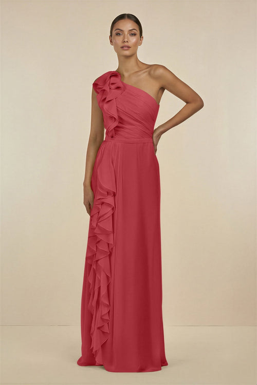 Ruffled One - Shoulder Pleated Sheath Bridesmaid Dress in Merlot - KissProm Bridesmaid Dresses