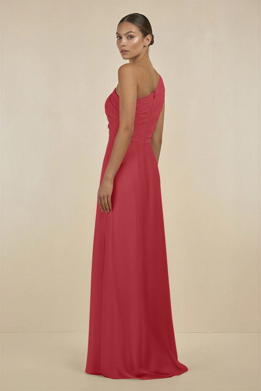 Ruffled One - Shoulder Pleated Sheath Bridesmaid Dress in Merlot - KissProm Bridesmaid Dresses
