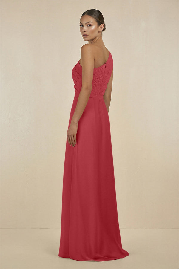 Ruffled One - Shoulder Pleated Sheath Bridesmaid Dress in Merlot - KissProm Bridesmaid Dresses