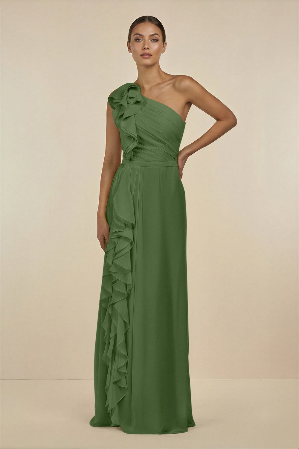 Ruffled One - Shoulder Pleated Sheath Bridesmaid Dress in Moss - KissProm Bridesmaid Dresses
