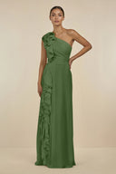 Ruffled One - Shoulder Pleated Sheath Bridesmaid Dress in Moss - KissProm Bridesmaid Dresses
