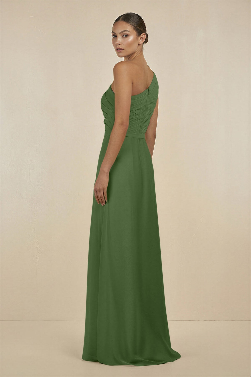 Ruffled One - Shoulder Pleated Sheath Bridesmaid Dress in Moss - KissProm Bridesmaid Dresses