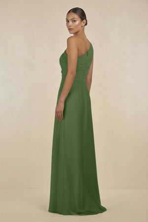 Ruffled One - Shoulder Pleated Sheath Bridesmaid Dress in Moss - KissProm Bridesmaid Dresses