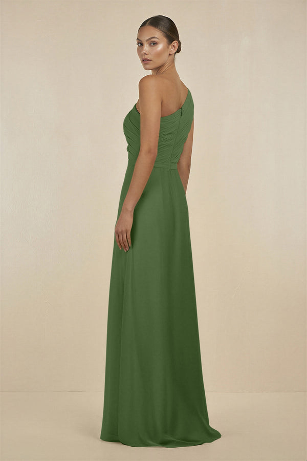 Ruffled One - Shoulder Pleated Sheath Bridesmaid Dress in Moss - KissProm Bridesmaid Dresses