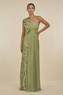 Ruffled One - Shoulder Pleated Sheath Bridesmaid Dress in Moss Green - KissProm Bridesmaid Dresses