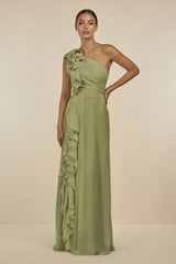 Ruffled One - Shoulder Pleated Sheath Bridesmaid Dress in Moss Green - KissProm Bridesmaid Dresses