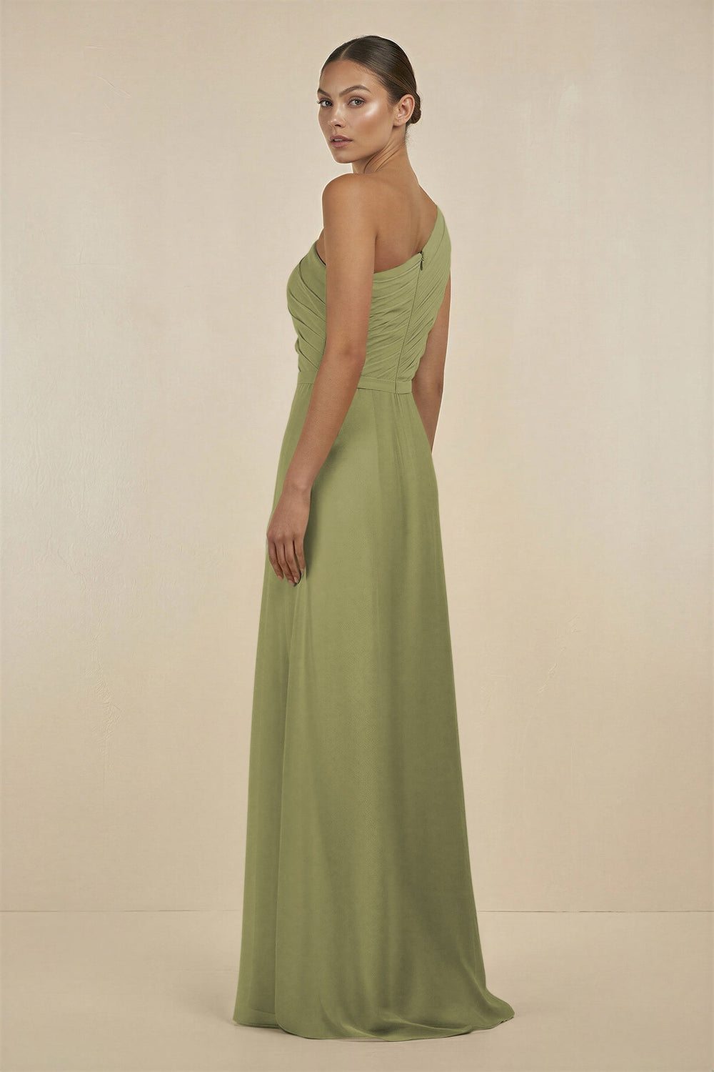 Ruffled One - Shoulder Pleated Sheath Bridesmaid Dress in Moss Green - KissProm Bridesmaid Dresses