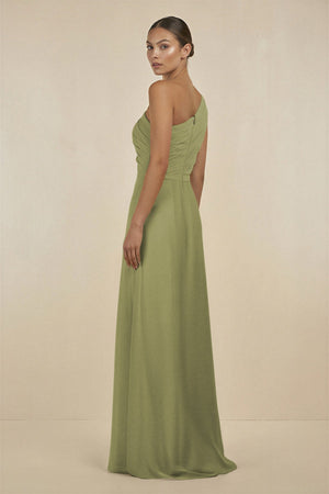 Ruffled One - Shoulder Pleated Sheath Bridesmaid Dress in Moss Green - KissProm Bridesmaid Dresses