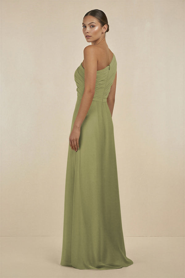 Ruffled One - Shoulder Pleated Sheath Bridesmaid Dress in Moss Green - KissProm Bridesmaid Dresses