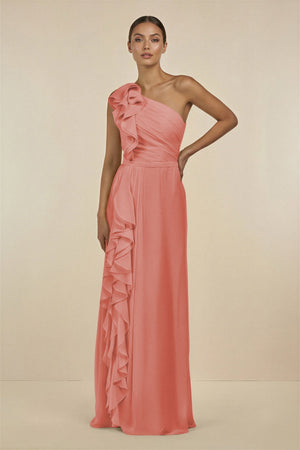 Ruffled One - Shoulder Pleated Sheath Bridesmaid Dress in Mulberry - KissProm Bridesmaid Dresses