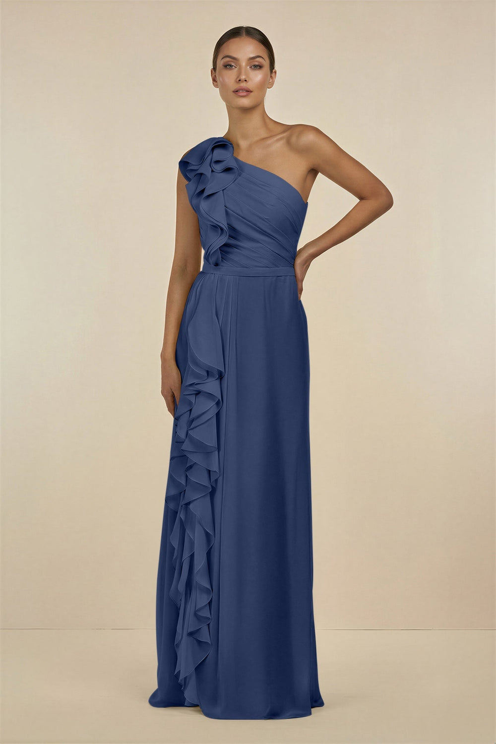 Ruffled One - Shoulder Pleated Sheath Bridesmaid Dress in Navy - KissProm Bridesmaid Dresses