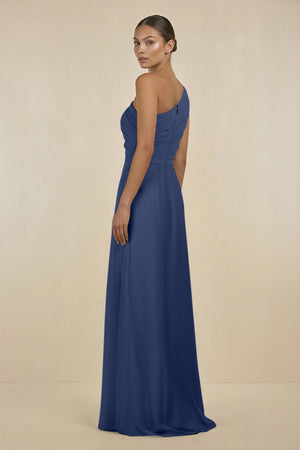 Ruffled One - Shoulder Pleated Sheath Bridesmaid Dress in Navy - KissProm Bridesmaid Dresses