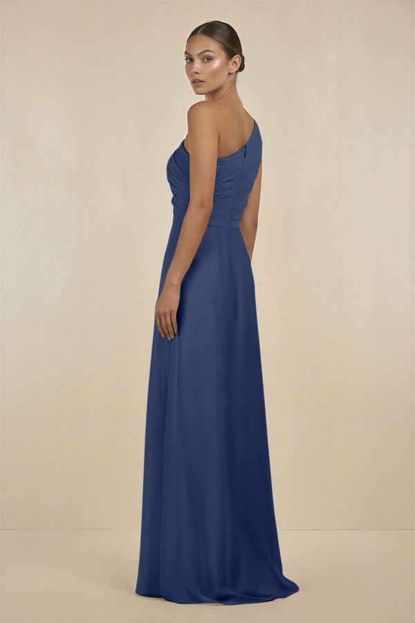 Ruffled One - Shoulder Pleated Sheath Bridesmaid Dress in Navy - KissProm Bridesmaid Dresses