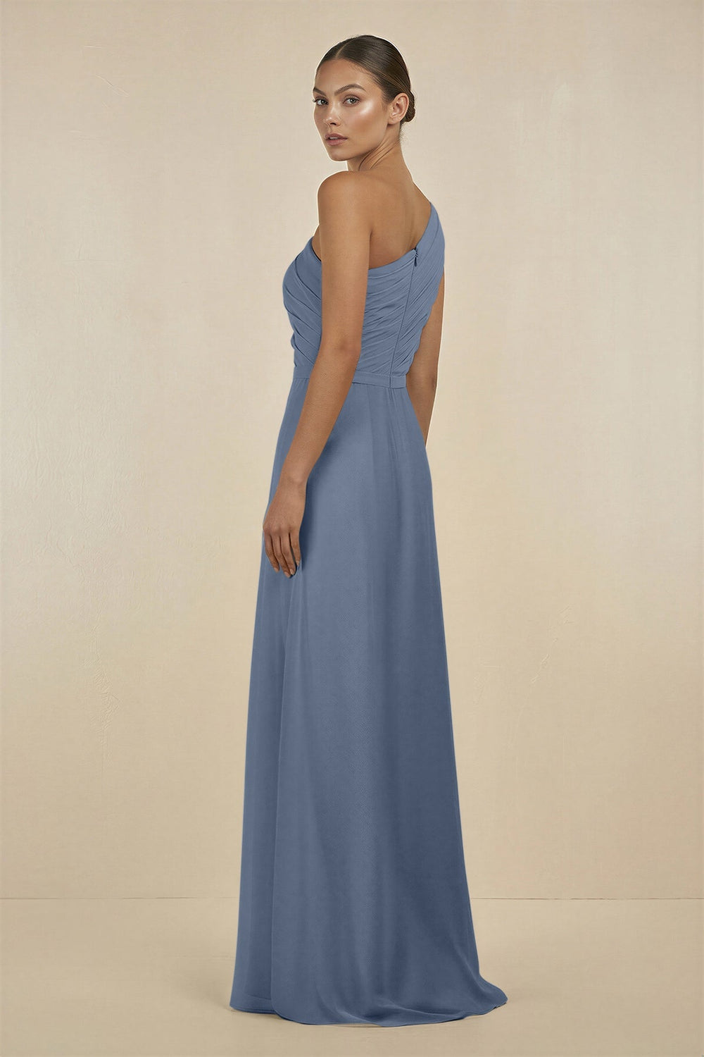 Ruffled One - Shoulder Pleated Sheath Bridesmaid Dress in Neptune - KissProm Bridesmaid Dresses