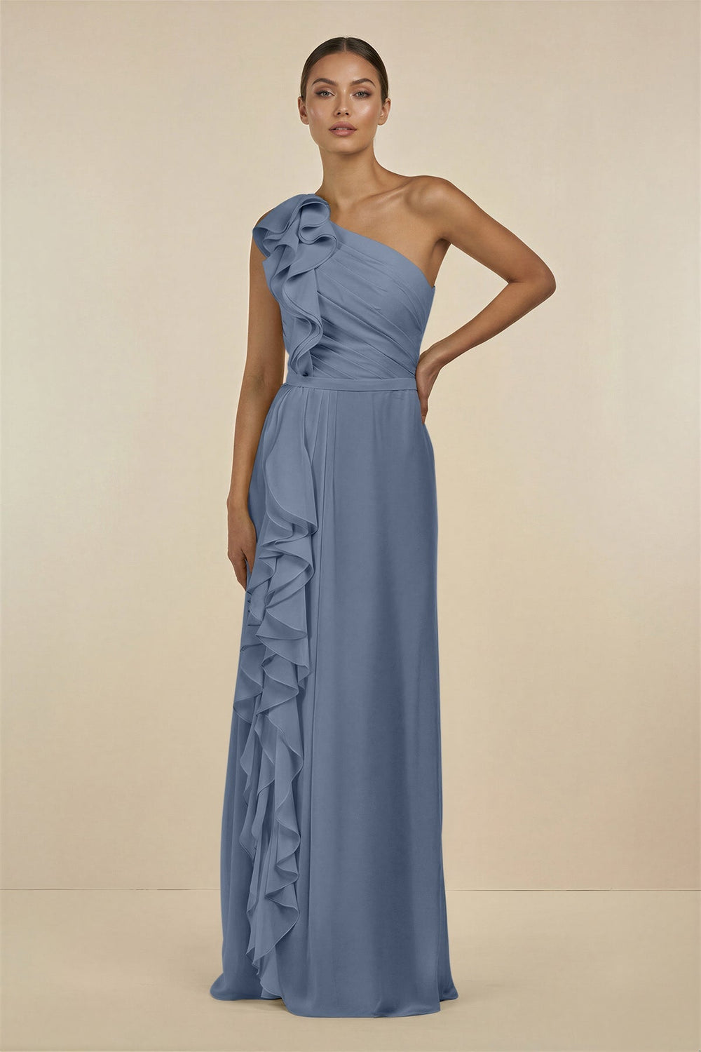 Ruffled One - Shoulder Pleated Sheath Bridesmaid Dress in Neptune - KissProm Bridesmaid Dresses