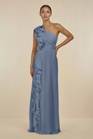 Ruffled One - Shoulder Pleated Sheath Bridesmaid Dress in Neptune - KissProm Bridesmaid Dresses