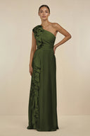 Ruffled One - Shoulder Pleated Sheath Bridesmaid Dress in Olive - KissProm Bridesmaid Dresses
