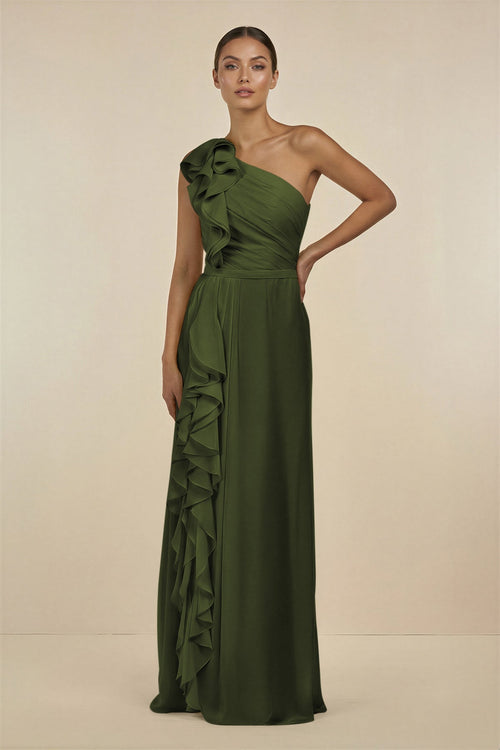 Ruffled One - Shoulder Pleated Sheath Bridesmaid Dress in Olive - KissProm Bridesmaid Dresses