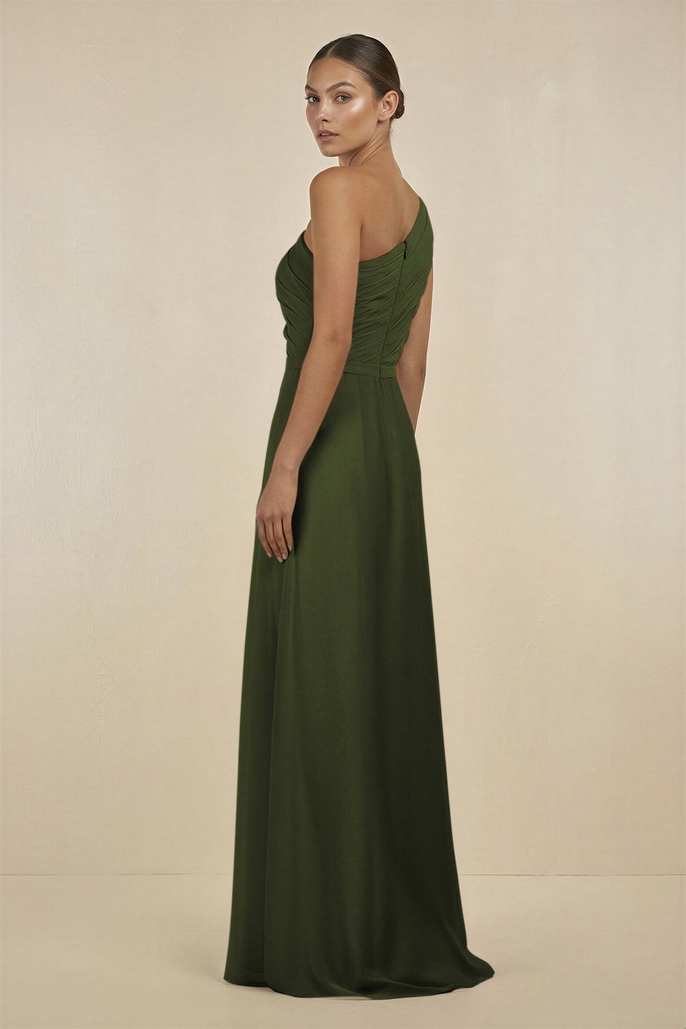 Ruffled One - Shoulder Pleated Sheath Bridesmaid Dress in Olive - KissProm Bridesmaid Dresses