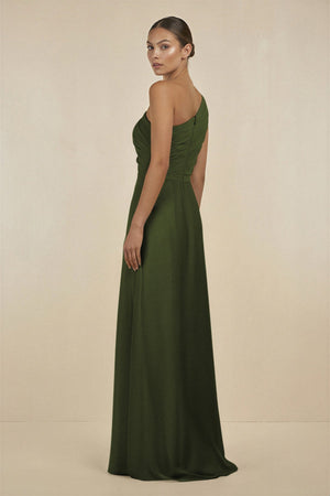 Ruffled One - Shoulder Pleated Sheath Bridesmaid Dress in Olive - KissProm Bridesmaid Dresses