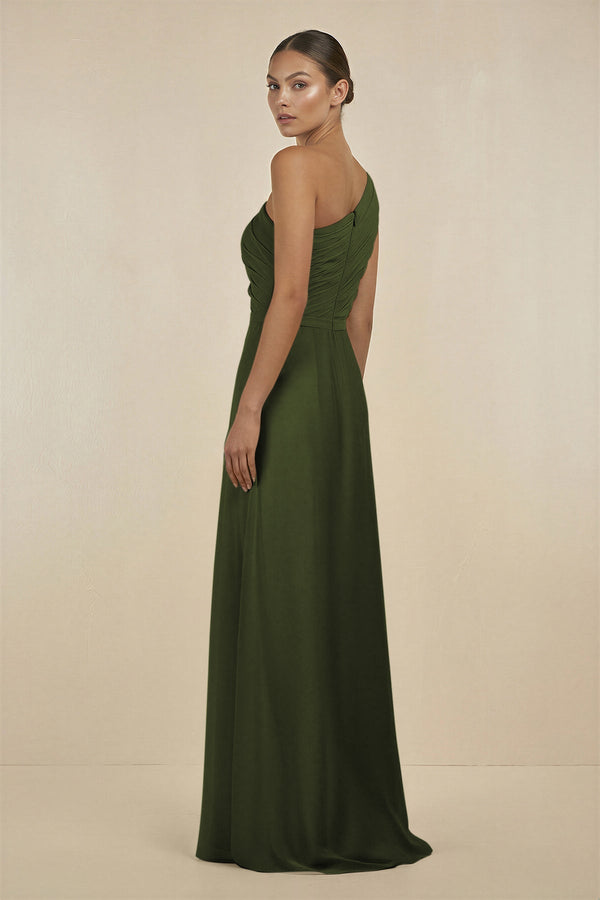 Ruffled One - Shoulder Pleated Sheath Bridesmaid Dress in Olive - KissProm Bridesmaid Dresses