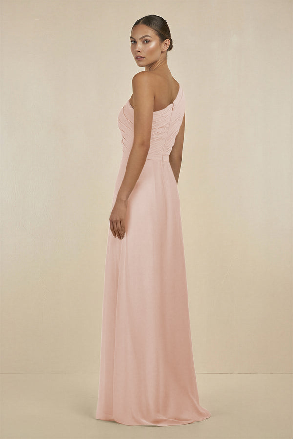 Ruffled One - Shoulder Pleated Sheath Bridesmaid Dress in Pale Blush - KissProm Bridesmaid Dresses