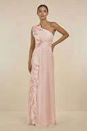 Ruffled One - Shoulder Pleated Sheath Bridesmaid Dress in Pale Blush - KissProm Bridesmaid Dresses