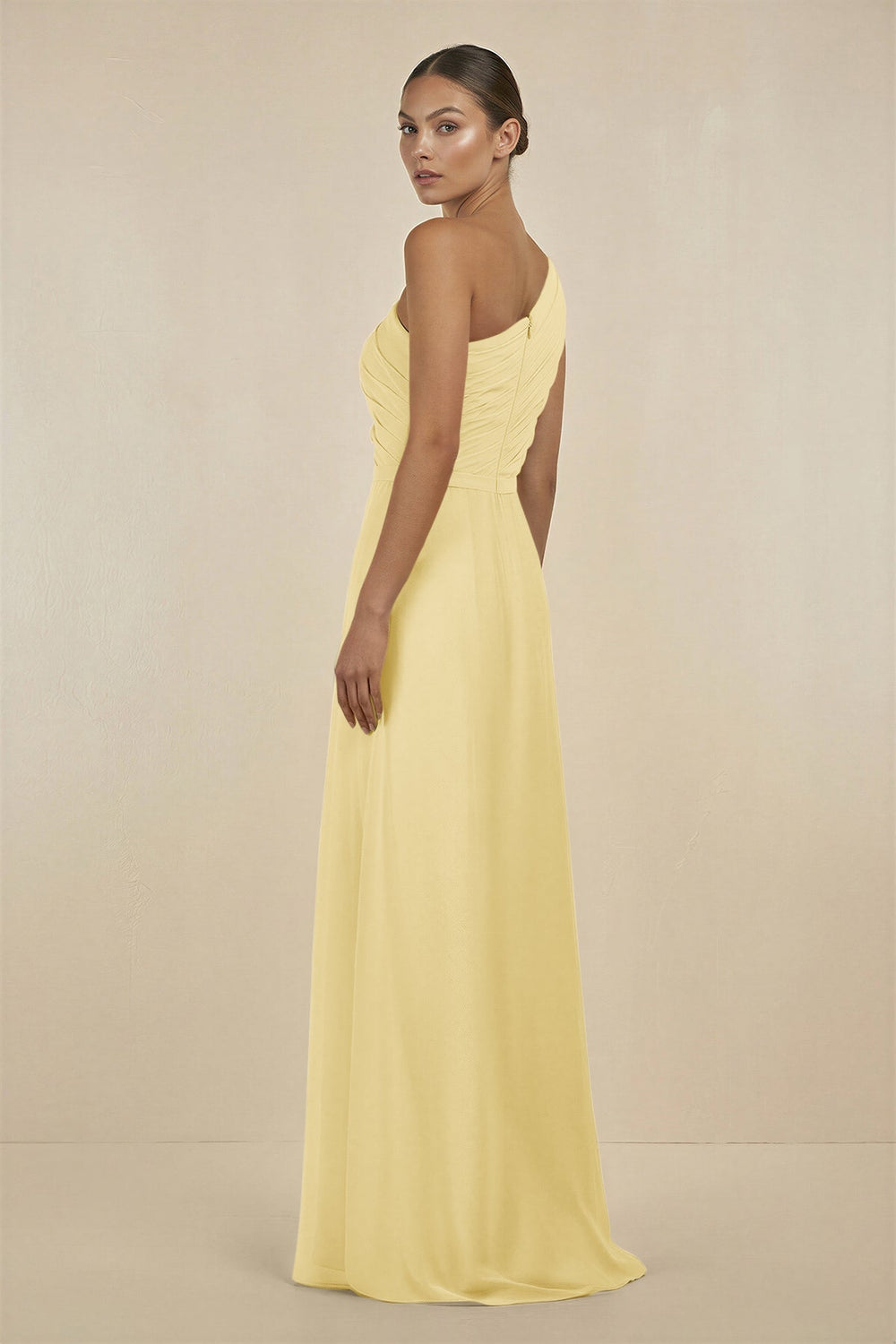 Ruffled One - Shoulder Pleated Sheath Bridesmaid Dress in Pastel Yellow - KissProm Bridesmaid Dresses